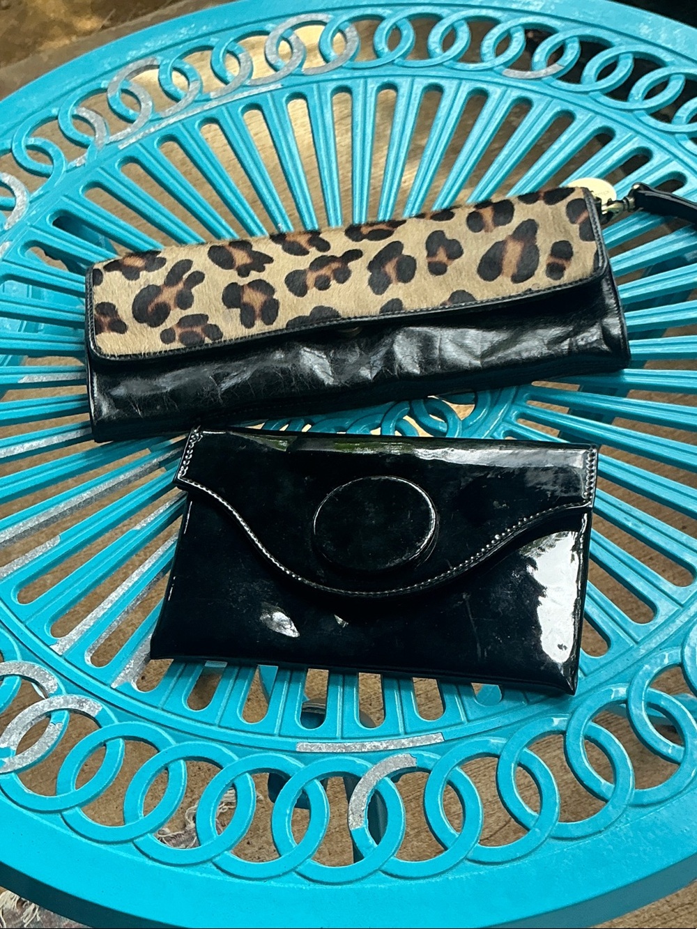 Black Patent Leather Wristlet Clutch with Leopard-Print Flap
